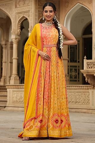 yellow chinon silk embroidered & printed anarkali set