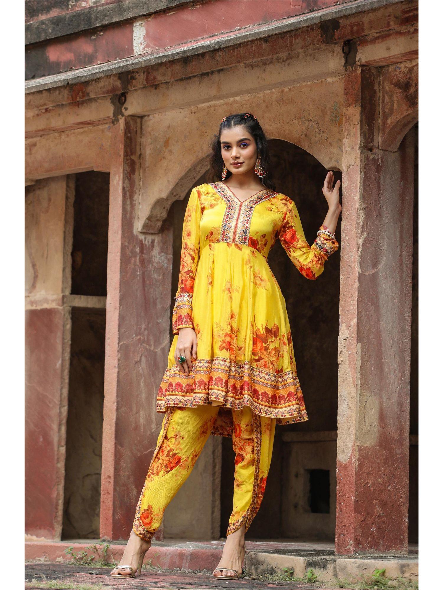 yellow chinon silk floral print & mirror work kurti with dhoti pant (set of 2)