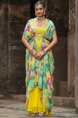 yellow chinon silk printed asymmetric cape set