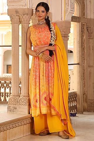 yellow chinon silk shibori printed pleated kurta set