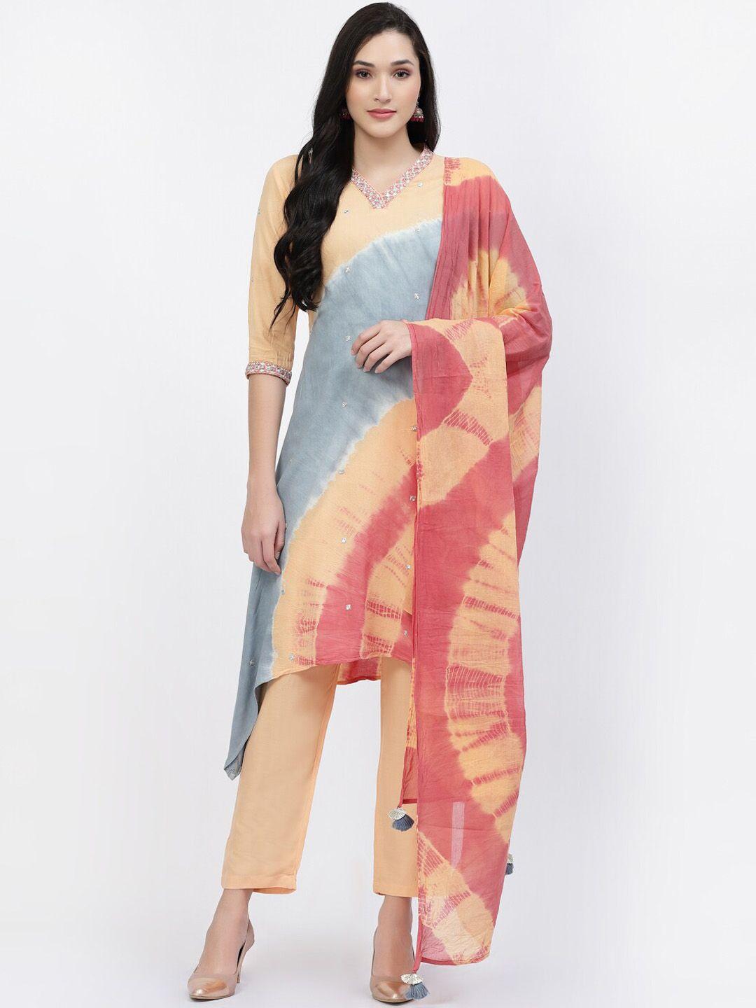 yellow cloud dyed thread work kurta with trousers & with dupatta
