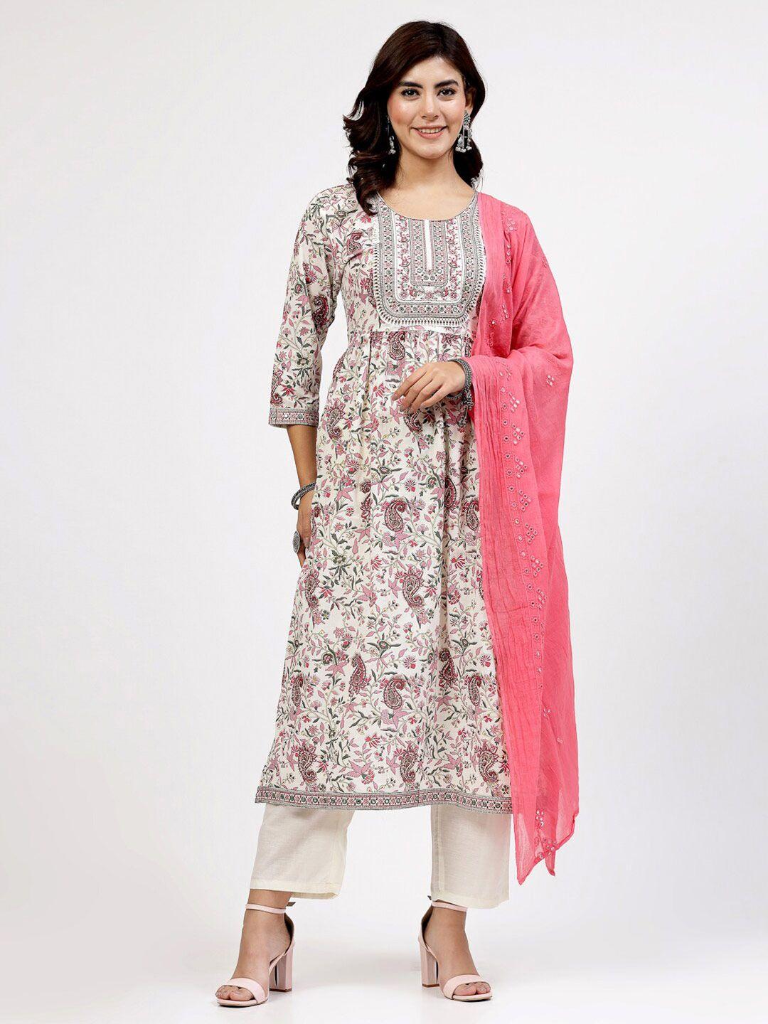 yellow cloud embroidered pure cotton a line kurta with trouser & dupatta