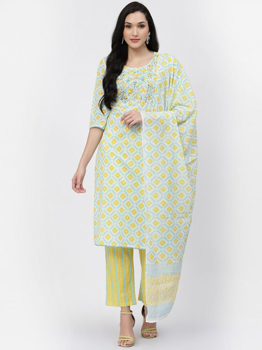 yellow cloud ethnic motifs printed mirror work pure cotton kurta with trousers and dupatta