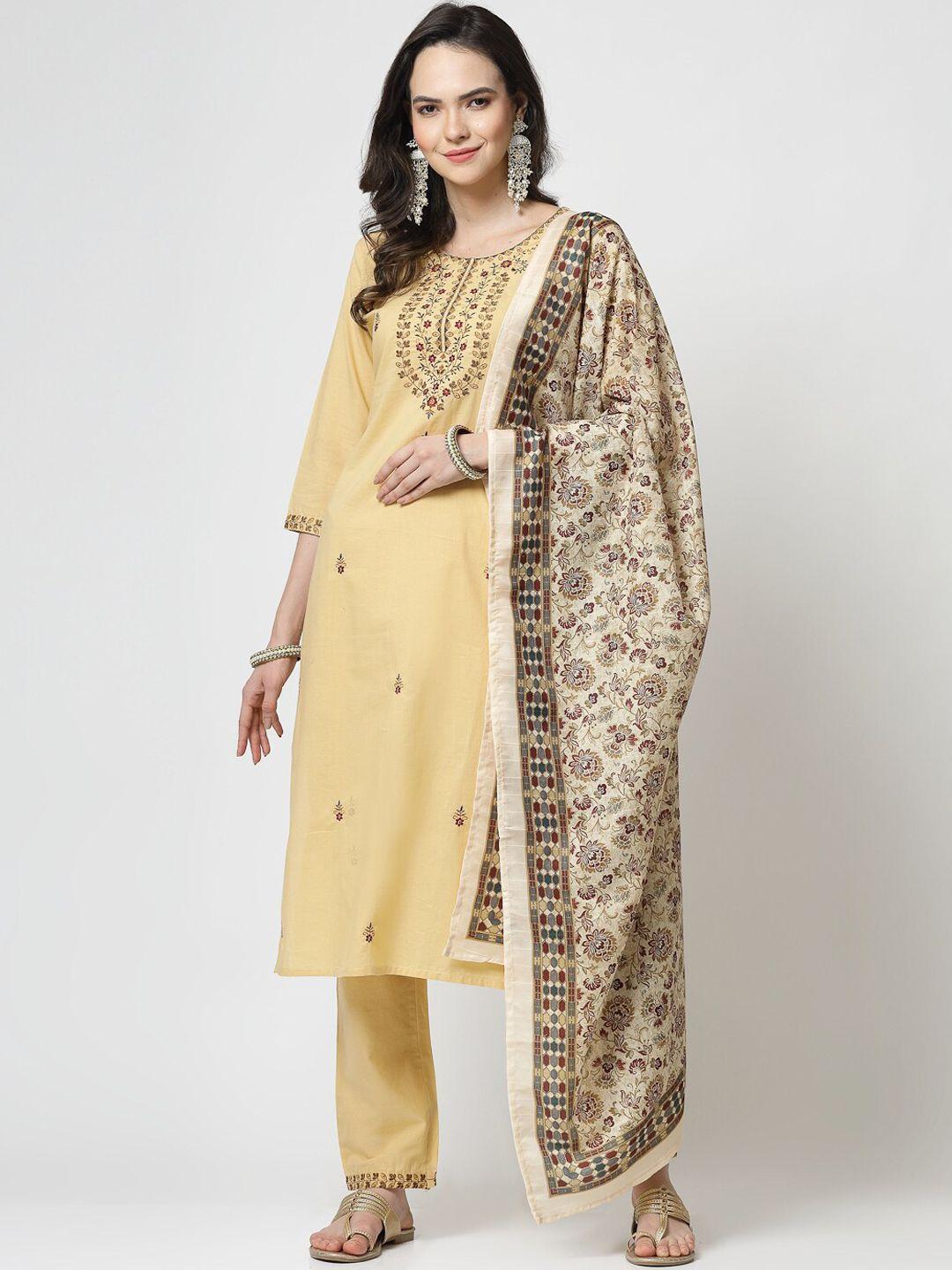 yellow cloud floral embroidered pure cotton kurta with trousers & dupatta