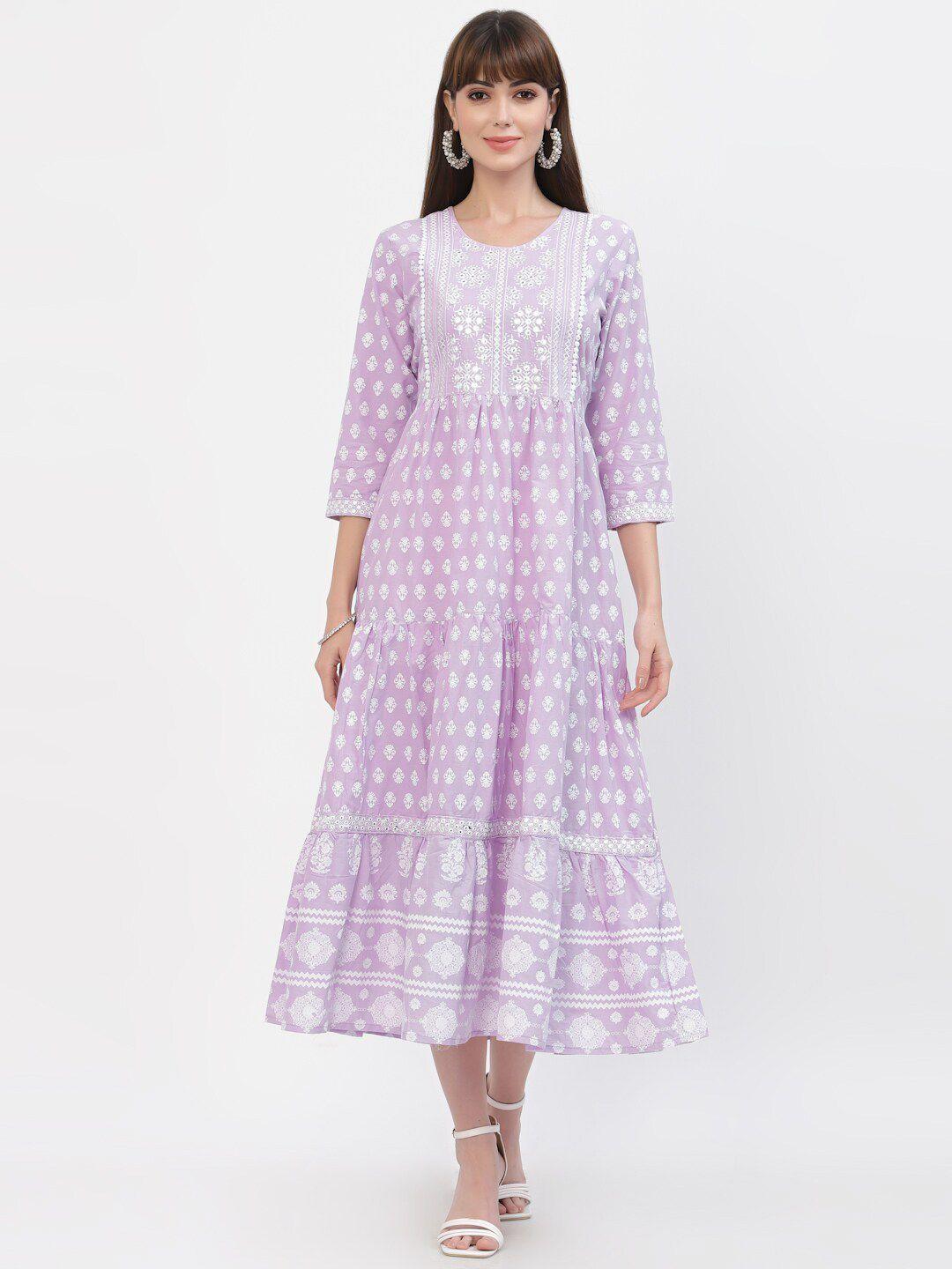 yellow cloud lavender ethnic motifs midi dress