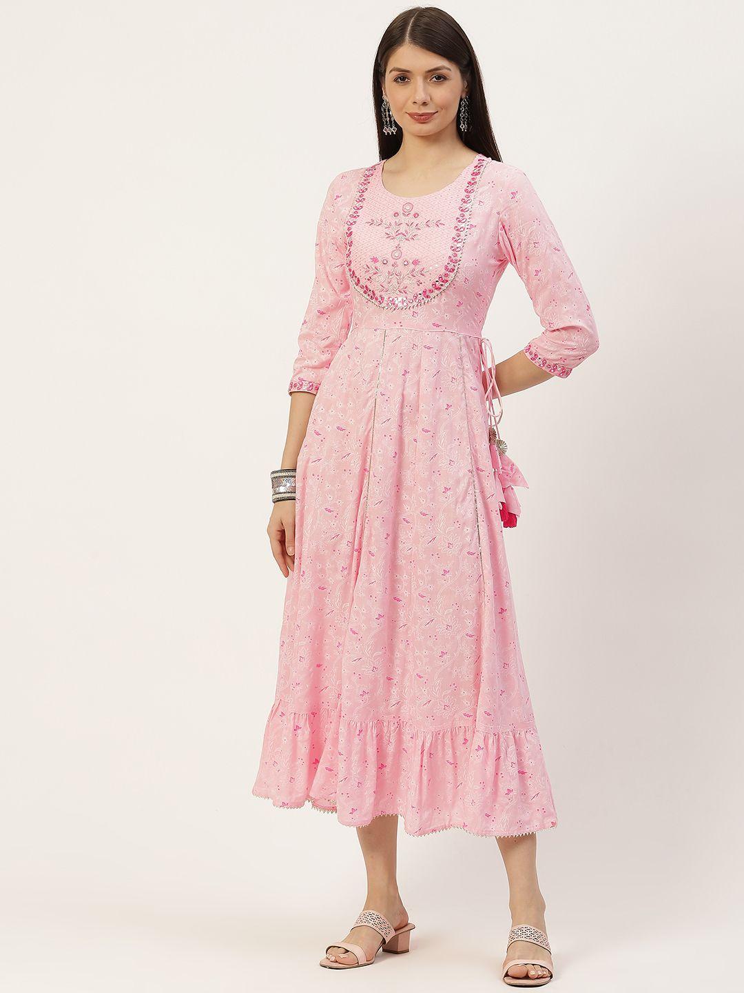 yellow cloud pink ethnic motifs printed pure cotton anarkali ethnic dress