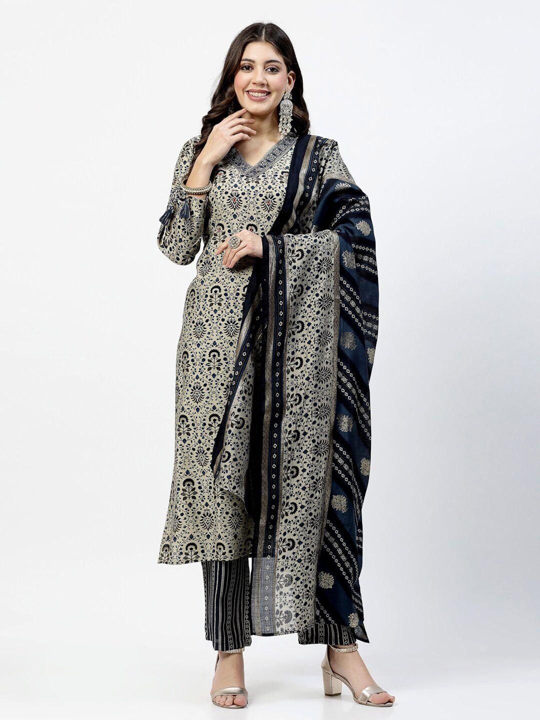 yellow cloud v neck embroidered printed straight kurta with trouser & dupatta