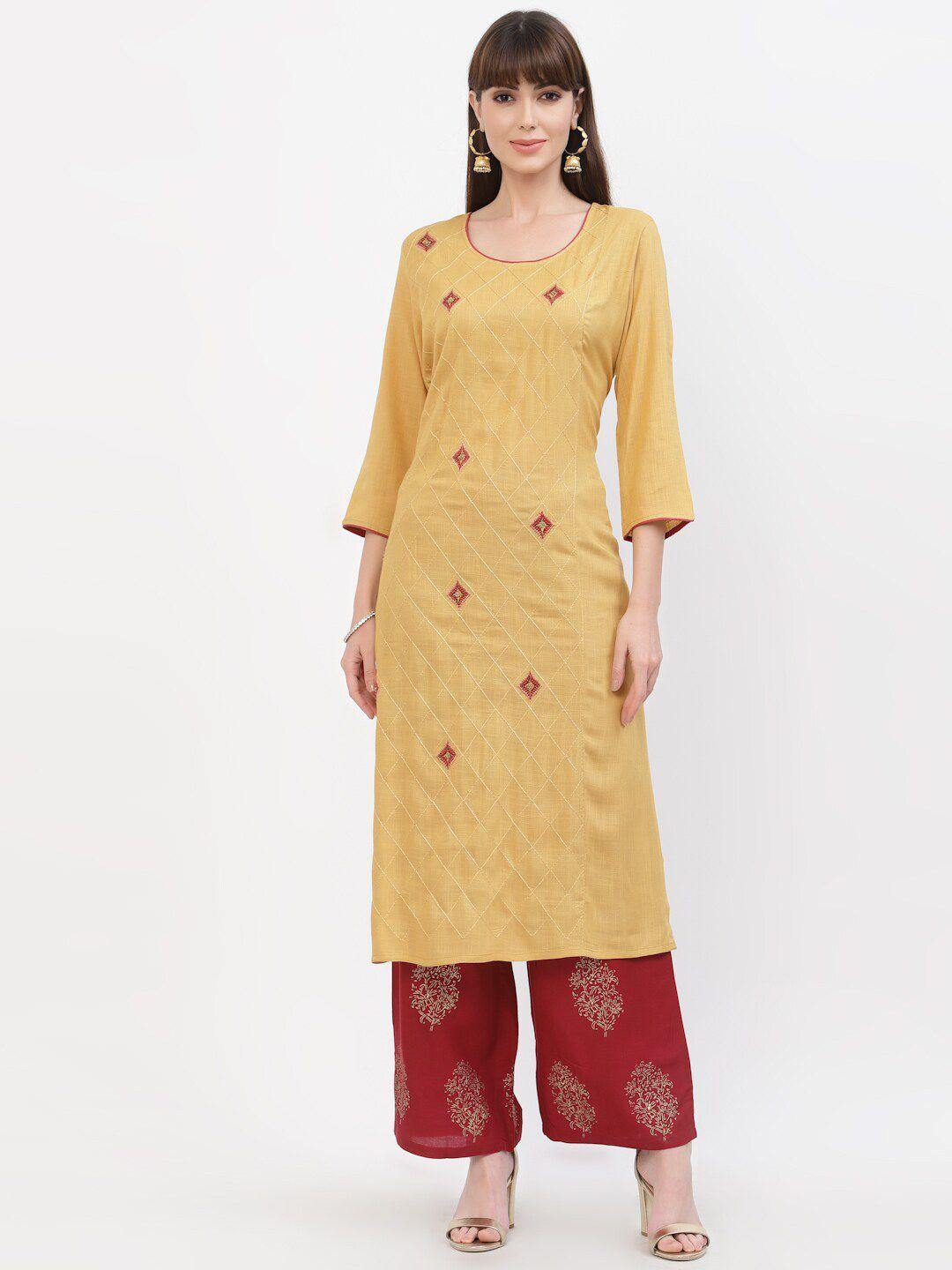 yellow cloud women beige & red ethnic motifs embroidered kurta with palazzos