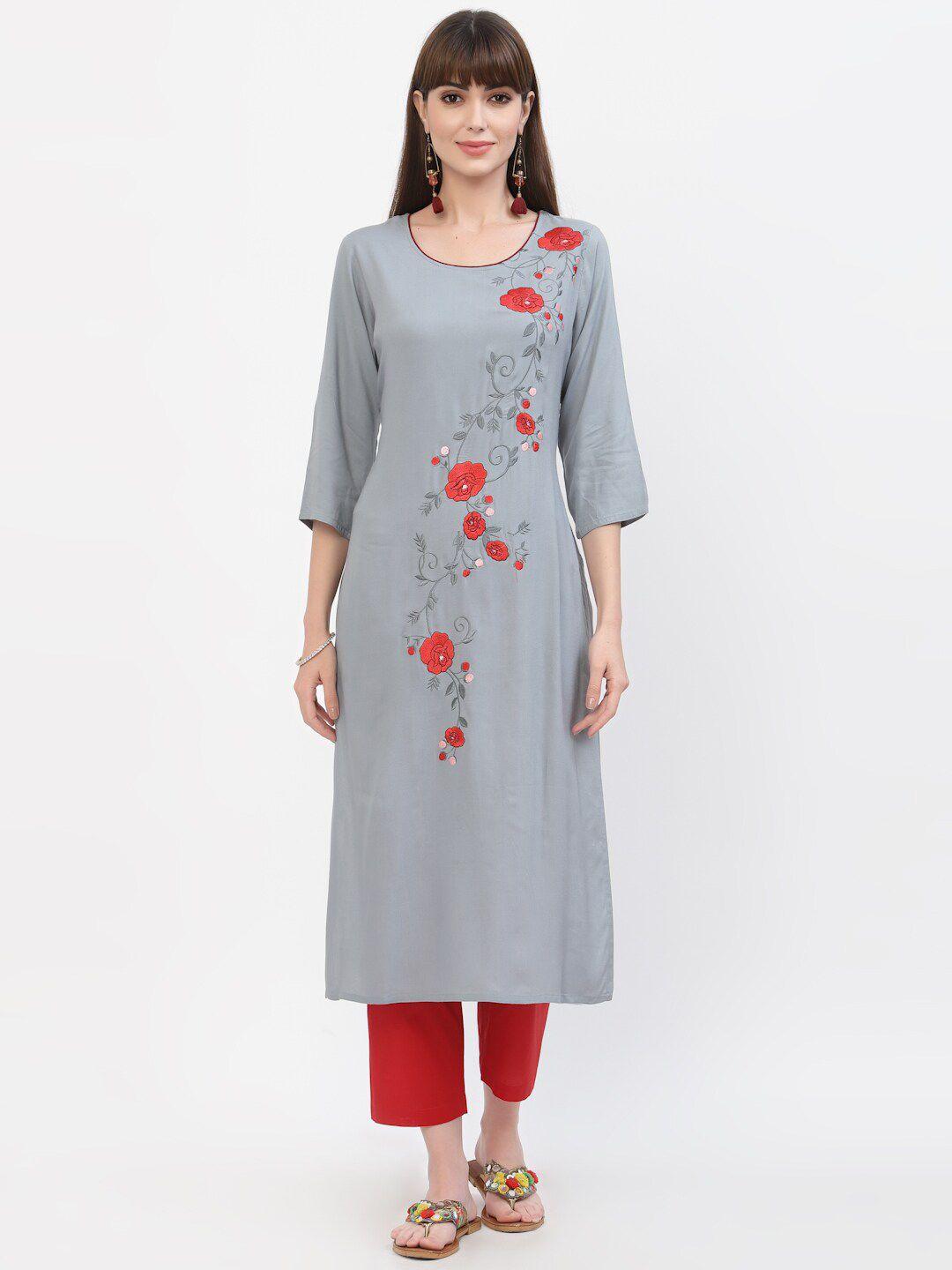 yellow cloud women blue & red floral embroidered thread work floral kurta