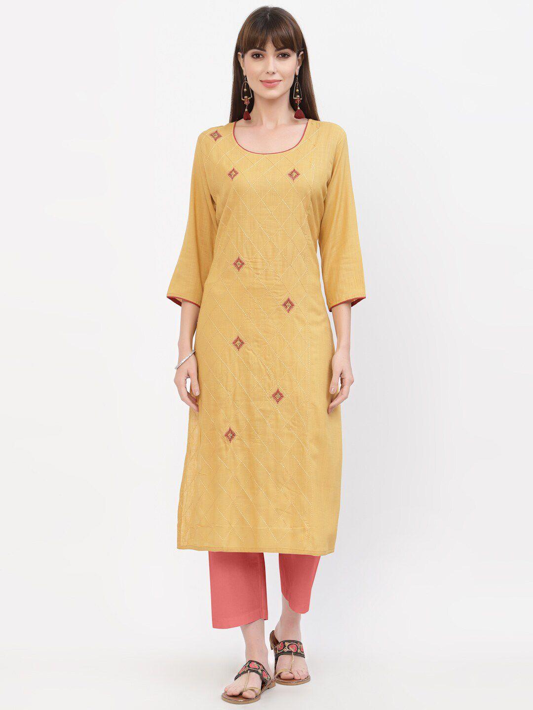 yellow cloud women brown ethnic motifs embroidered thread work kurta