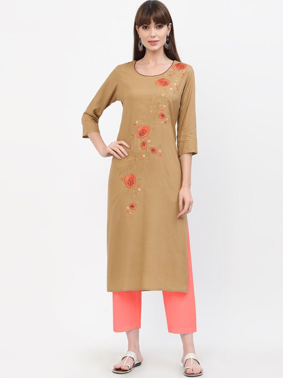 yellow cloud women brown floral embroidered floral kurta