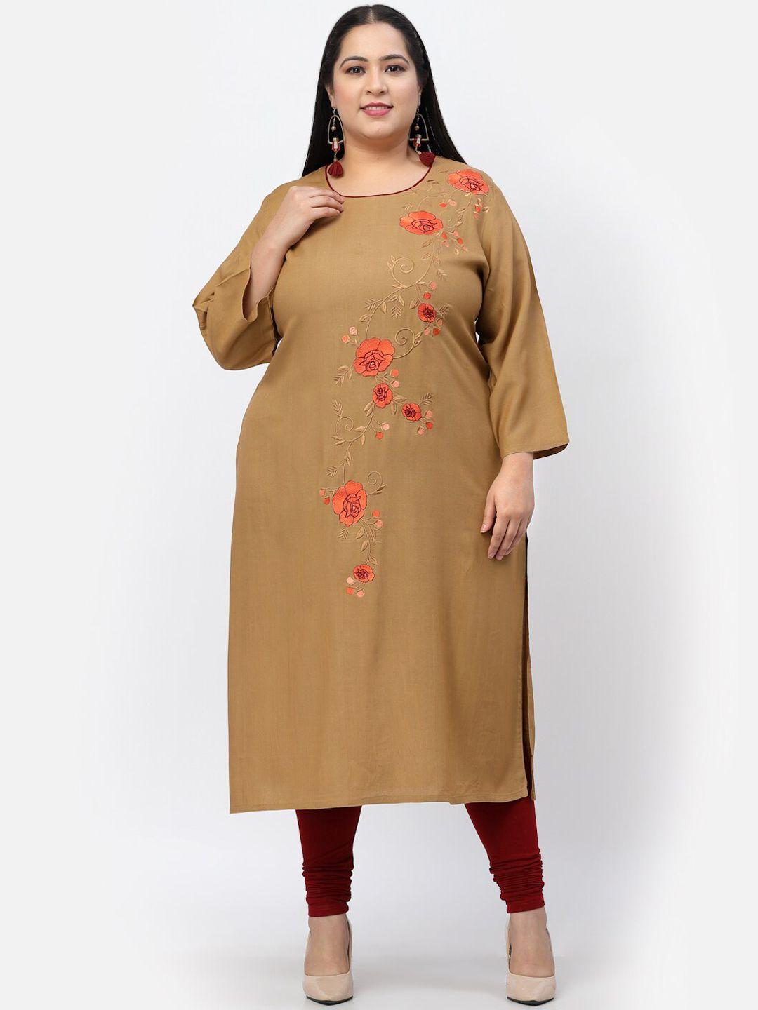 yellow cloud women brown floral embroidered thread work straight fit  kurta