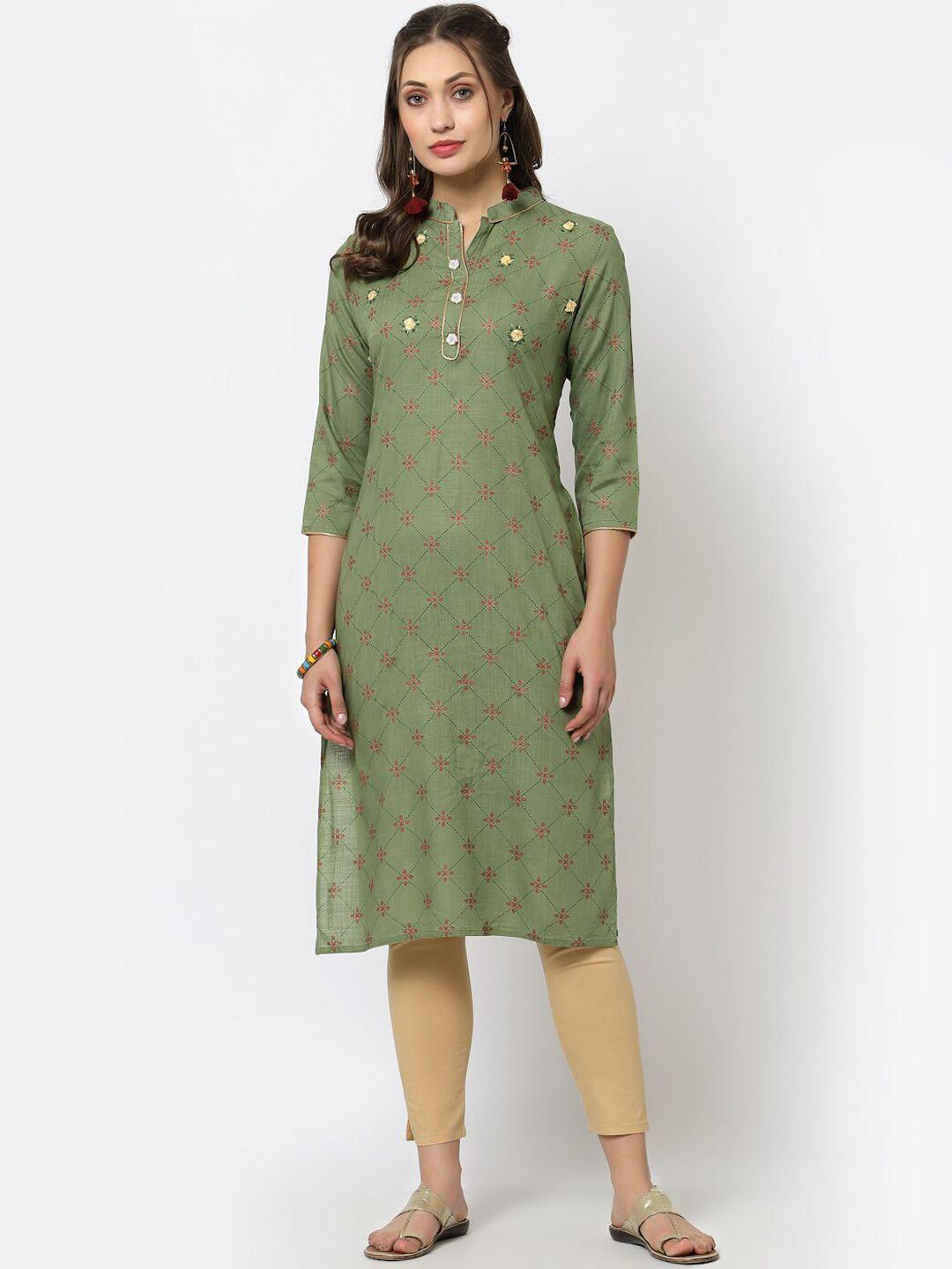 yellow cloud women green ethnic motifs printed kurta