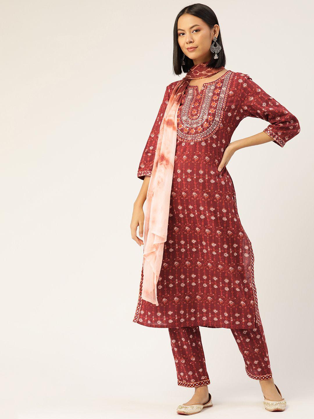 yellow cloud women maroon ethnic motifs yoke design cotton kurta with trousers & dupatta