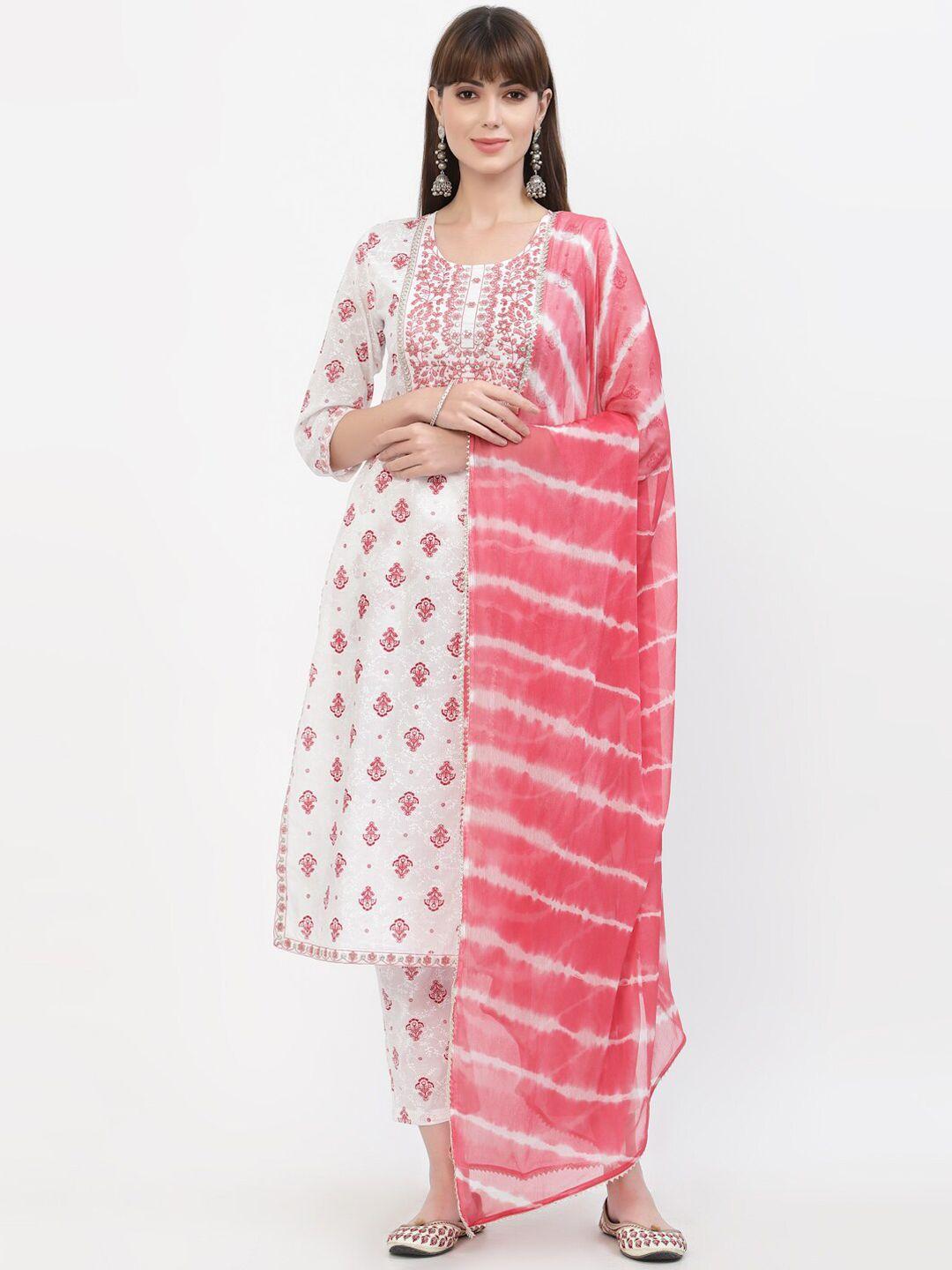 yellow cloud women off white & pink pure cotton kurta with trousers & with dupatta