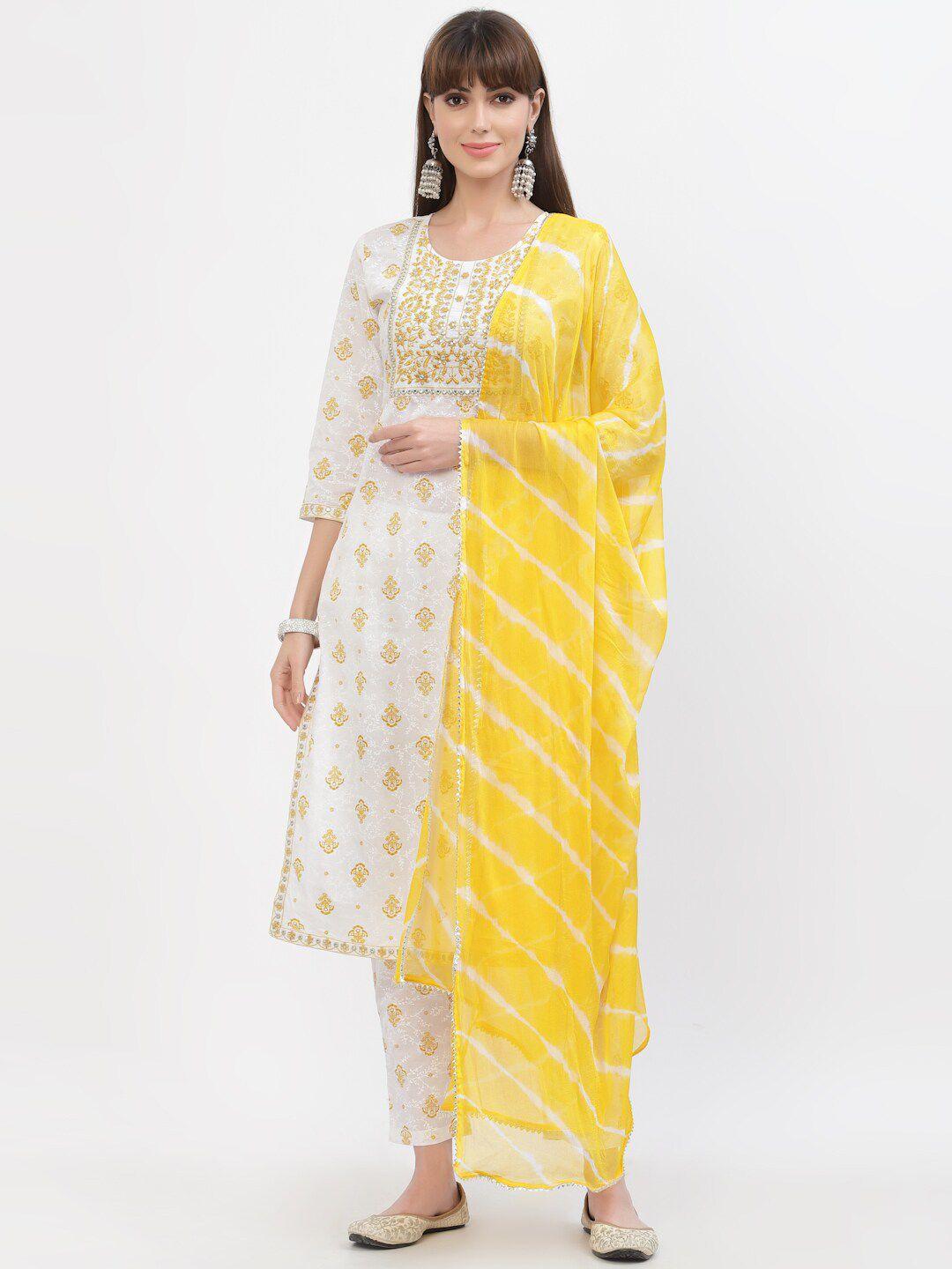 yellow cloud women off white & yellow embroidered pure cotton kurta with trousers