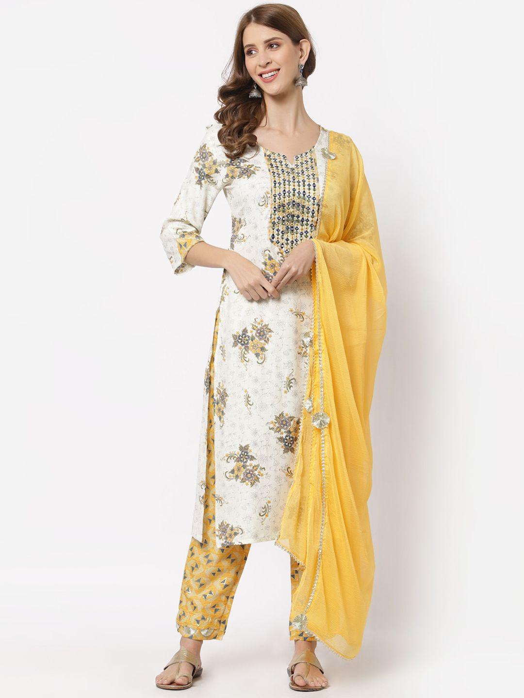 yellow cloud women off white striped high slit kurta with trousers & with dupatta