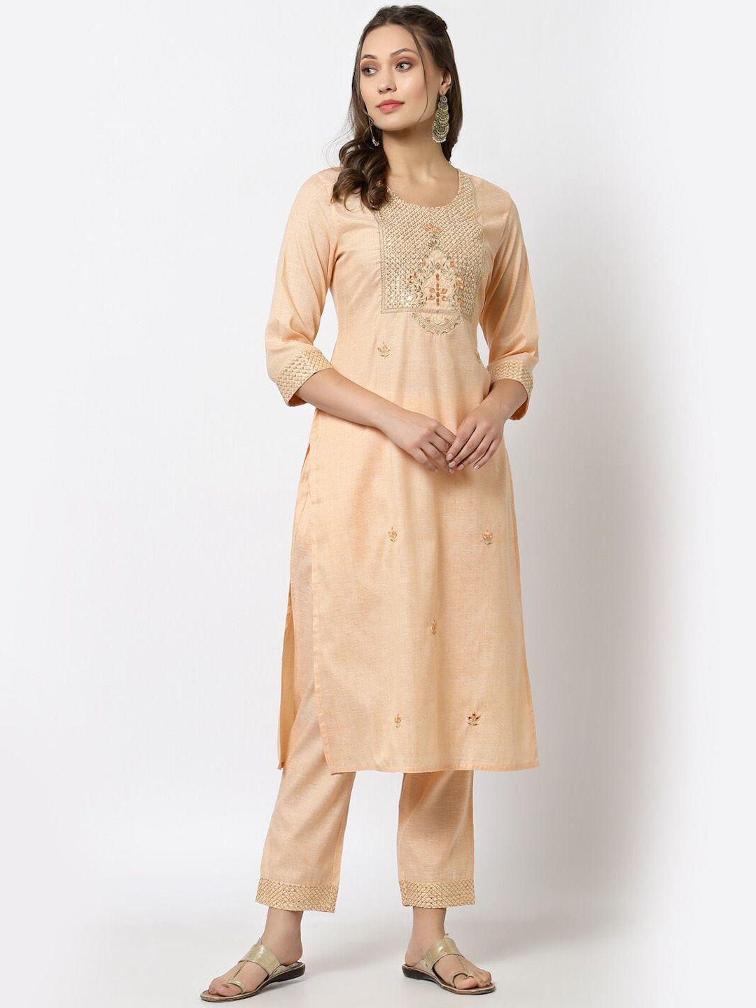 yellow cloud women peach-coloured embroidered kurta with trousers