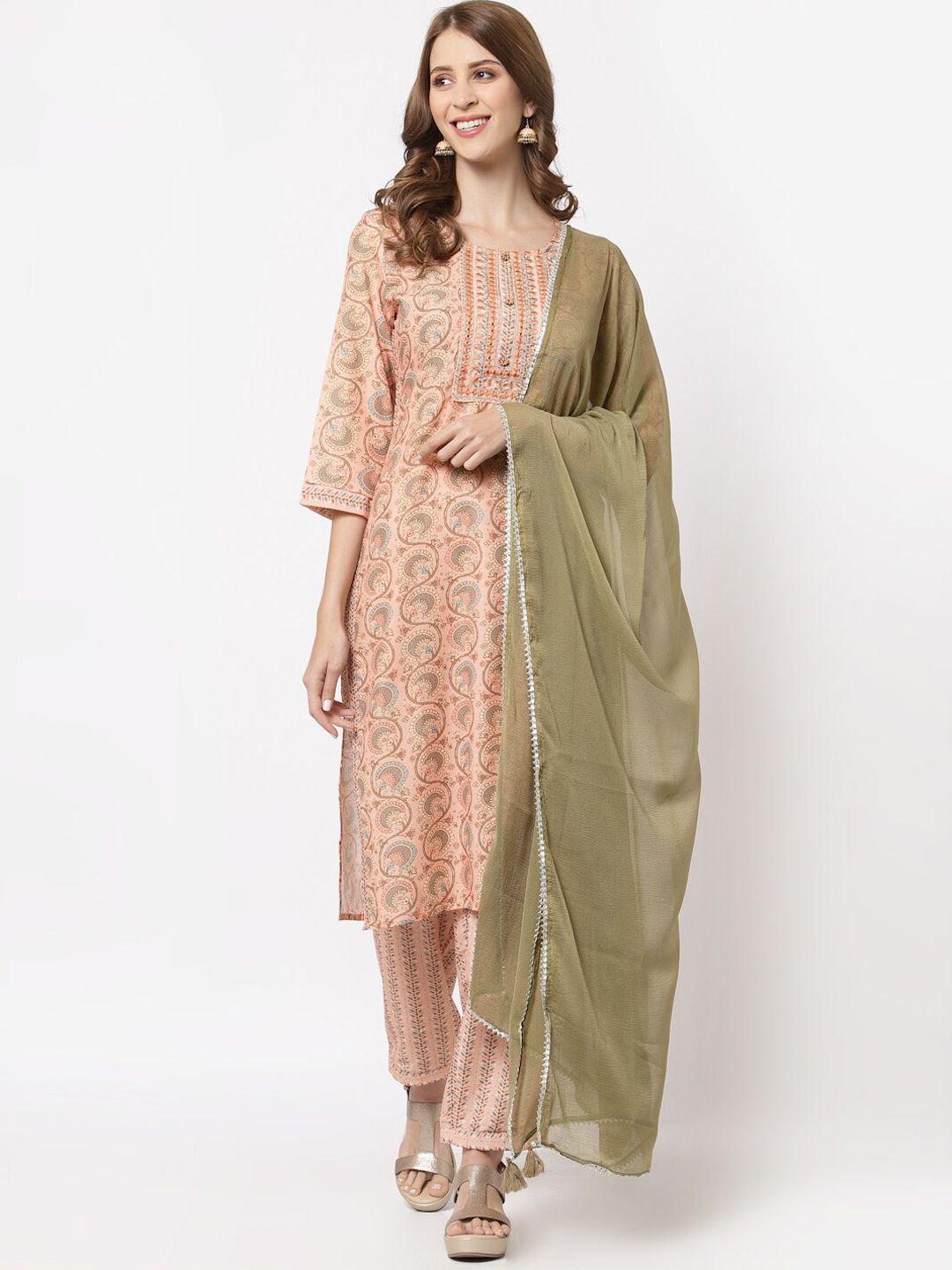 yellow cloud women peach-coloured floral yoke design panelled kurta with trousers & with dupatta