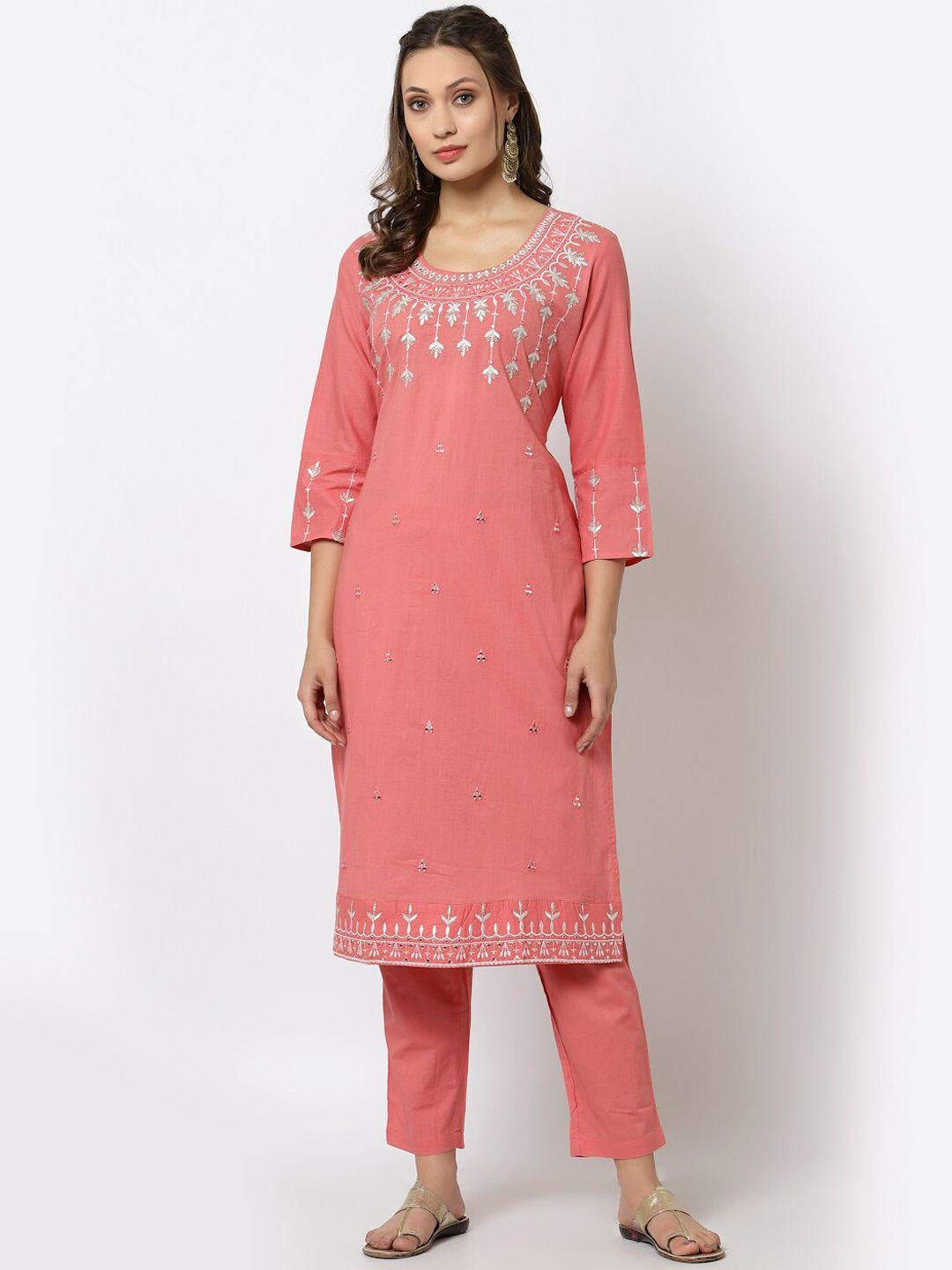 yellow cloud women pink cotton embroidery straight kurta pant mulmul dupatta set