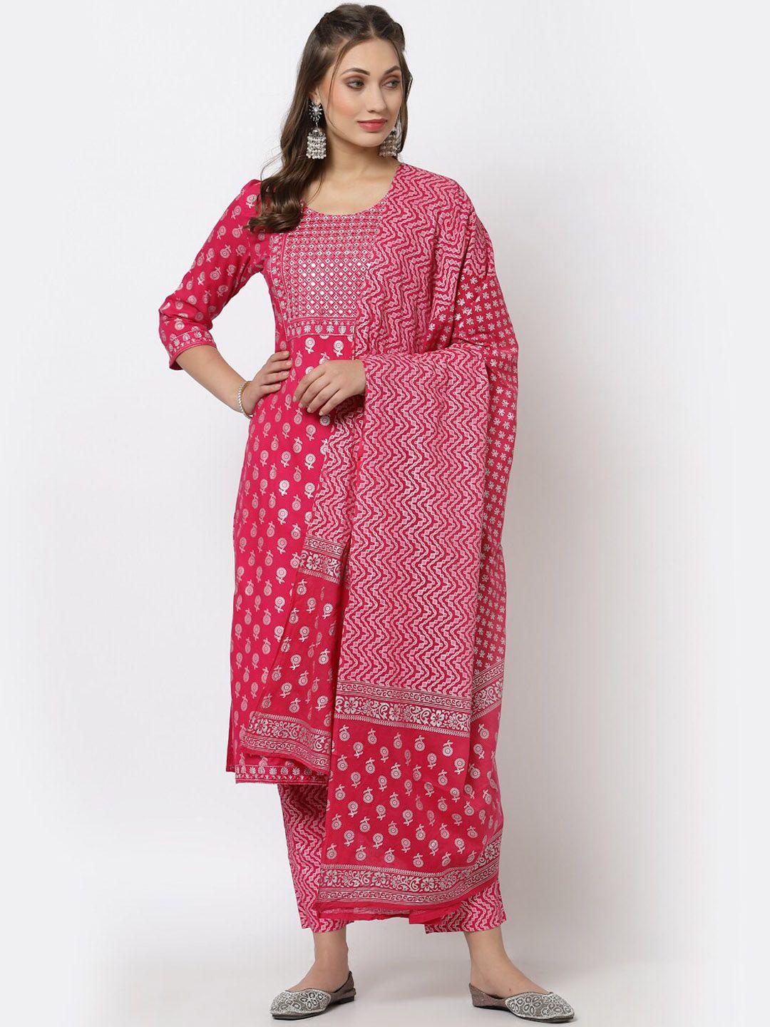 yellow cloud women pink printed embroidered kurta with trousers & with dupatta