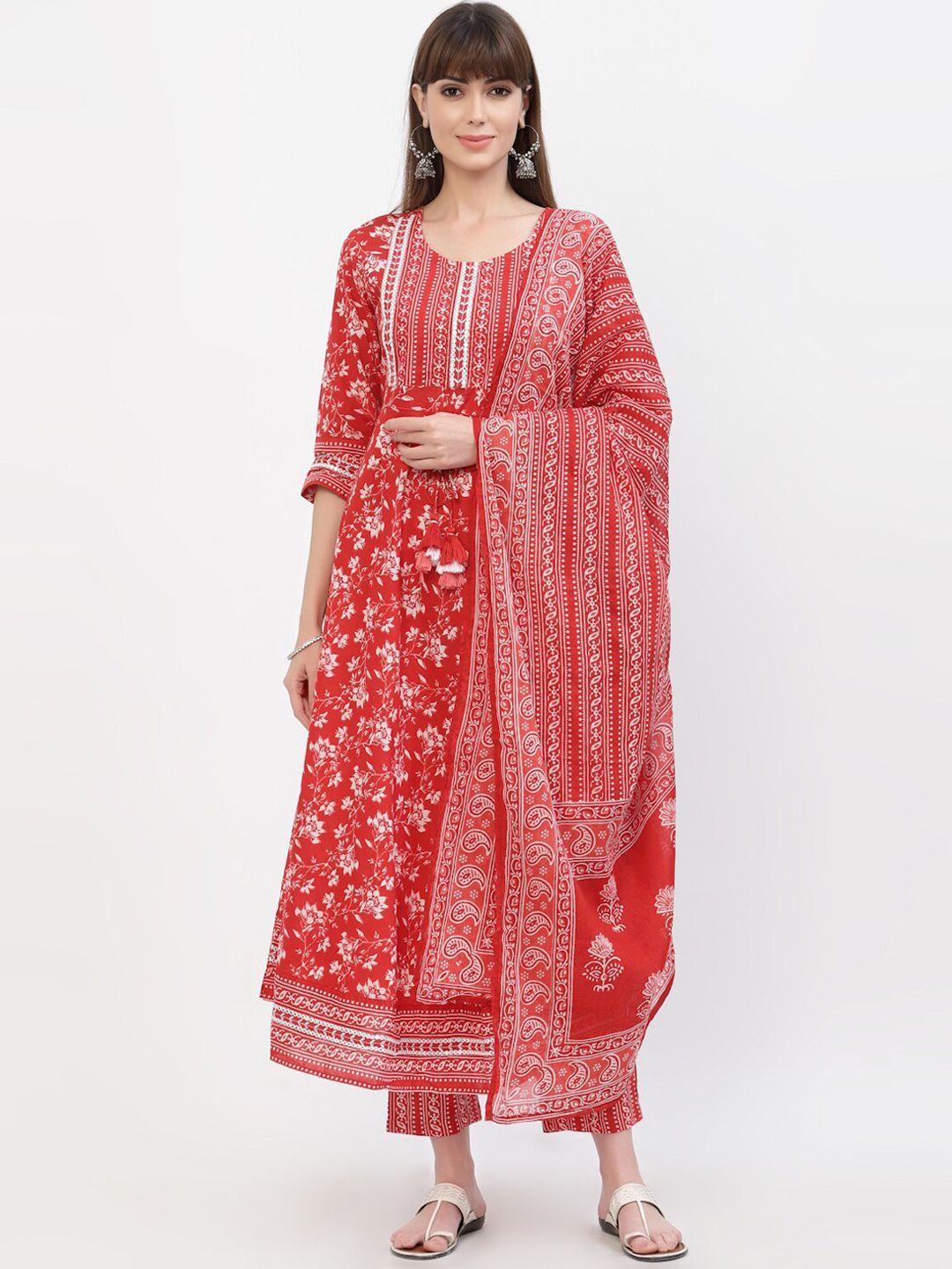 yellow cloud women red floral printed pure cotton kurta with trousers & with dupatta