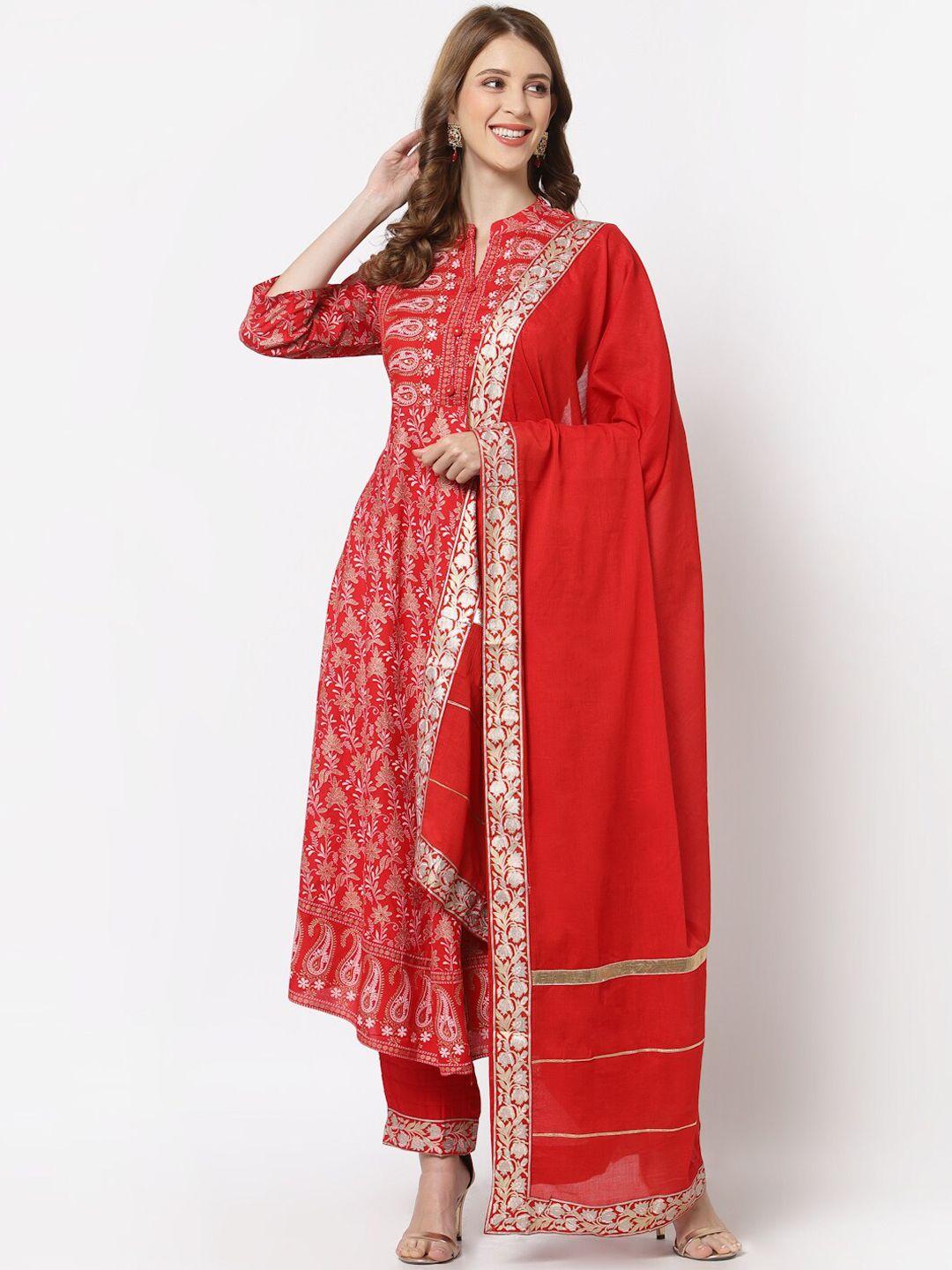yellow cloud women red paisley embroidered thread work kurta with trousers & with dupatta