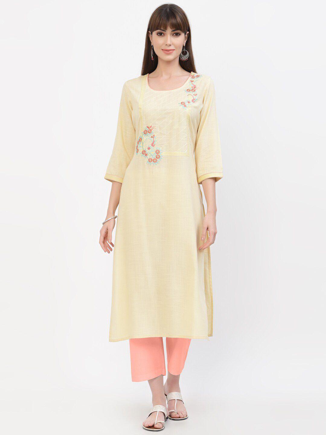 yellow cloud women yellow & peach-coloured floral embroidered kurta