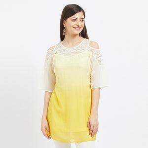 yellow cold shoulder tunic with lace sleeves
