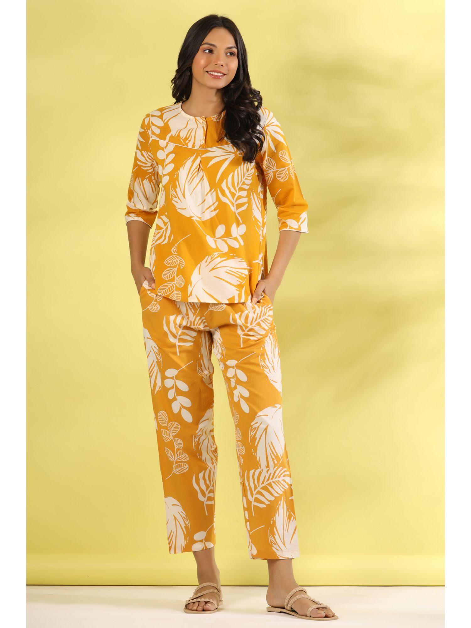 yellow color printed women pure cotton top & pyjama night suit (set of 2)