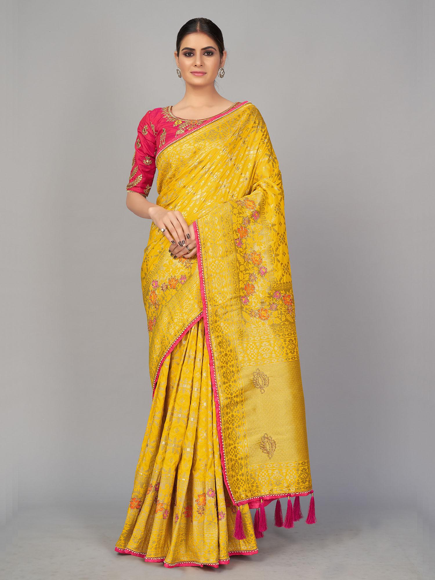 yellow color viscose dola silk saree with un-stitched blouse