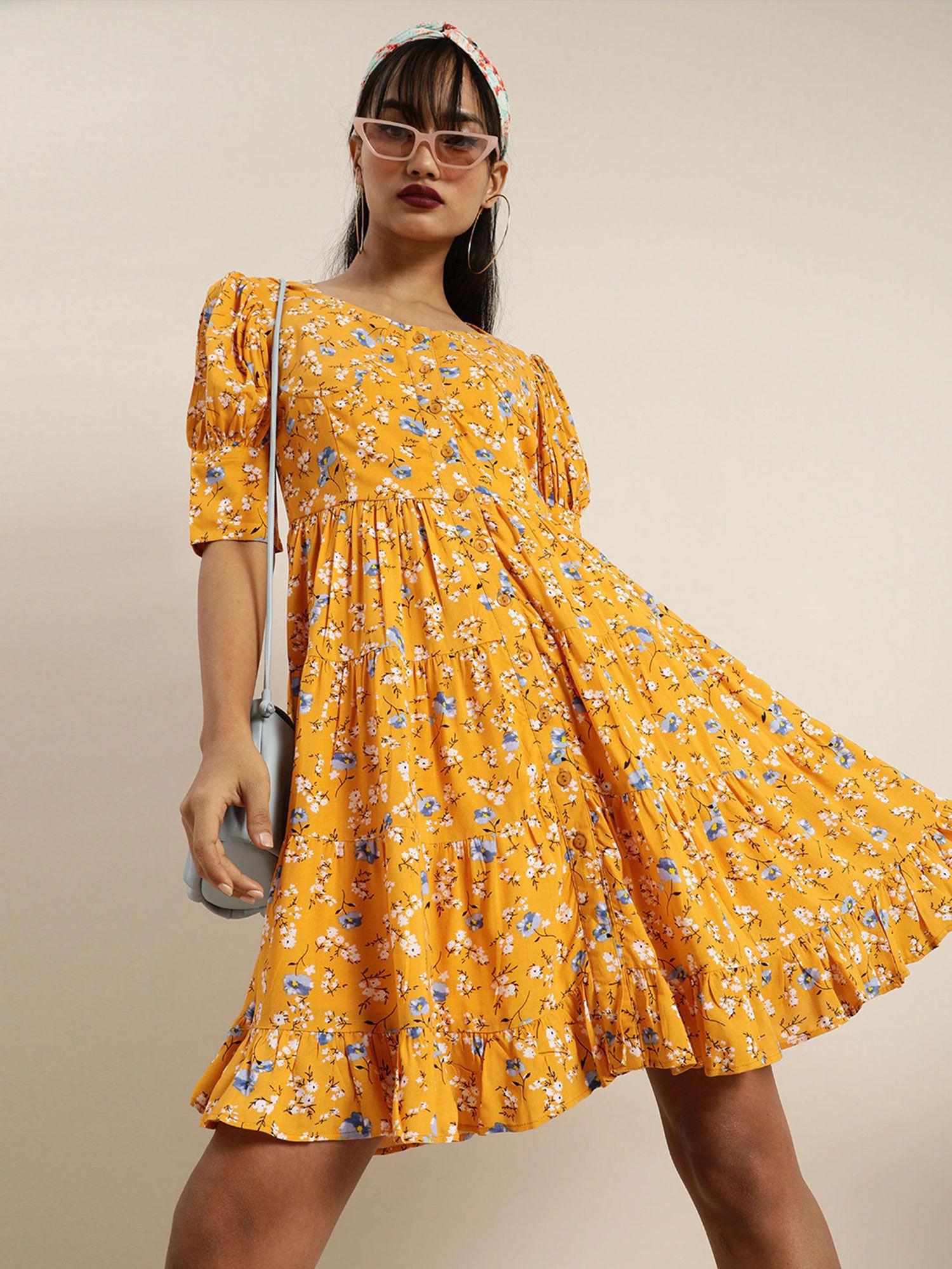 yellow comfortable ruffled midi dress