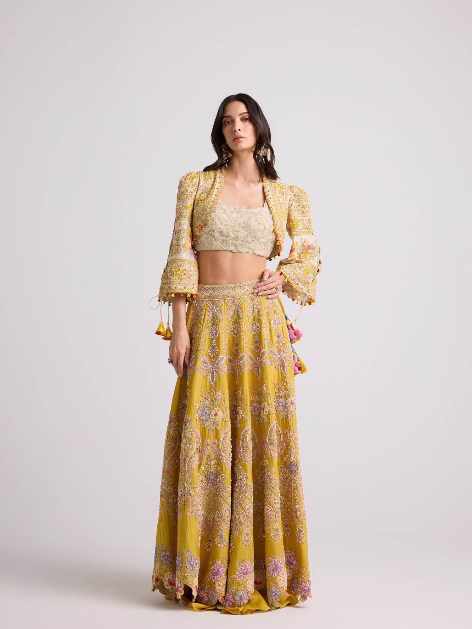 yellow contrast cordwork and beadwork bolero jacket