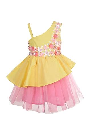 yellow cotton & tulle embroidered dress for girls