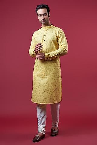 yellow cotton abstract printed kurta set