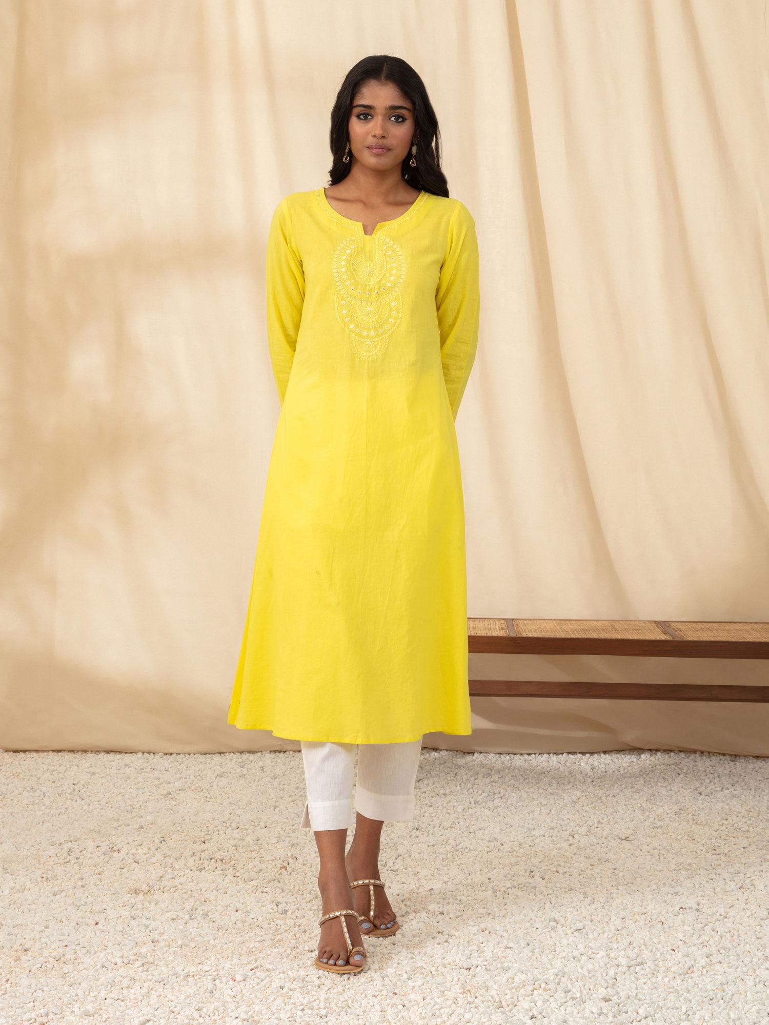 yellow cotton aline kurta with mirror work gol butta embroidery