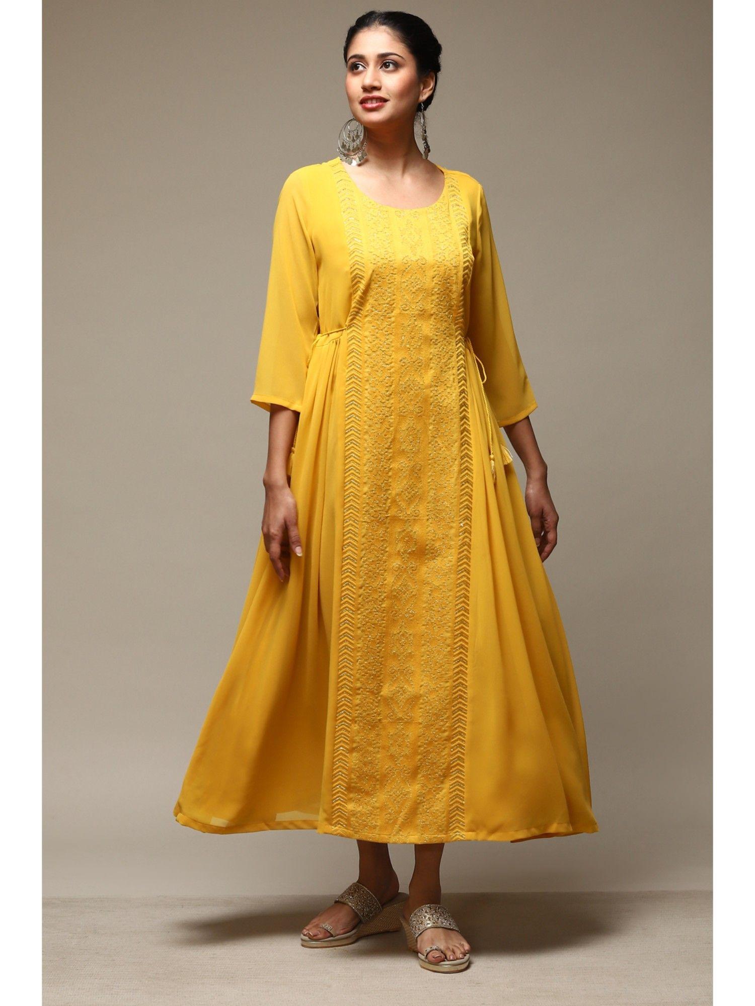 yellow cotton blend flared dress