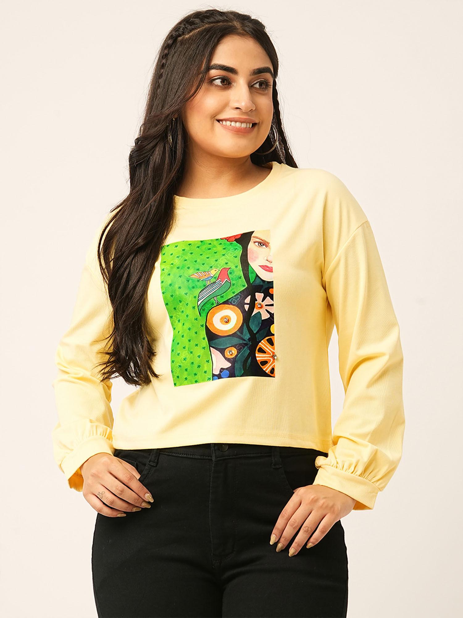 yellow cotton blend graphic print top for women