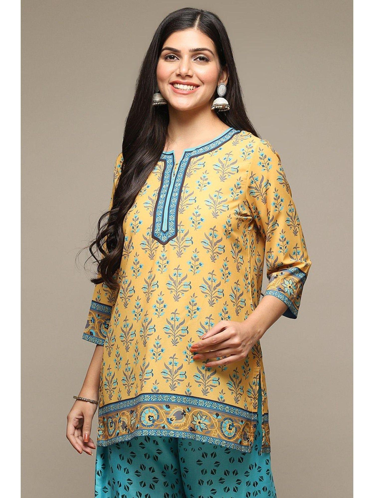 yellow cotton blend printed kurti