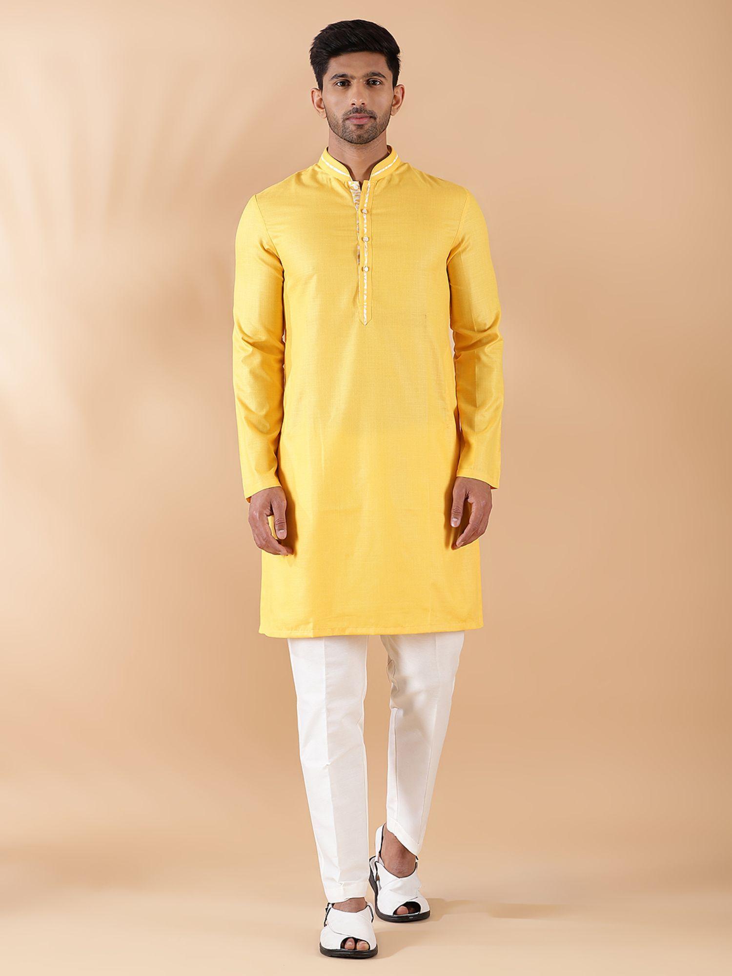 yellow cotton blend solid regular fit full sleeve kurta