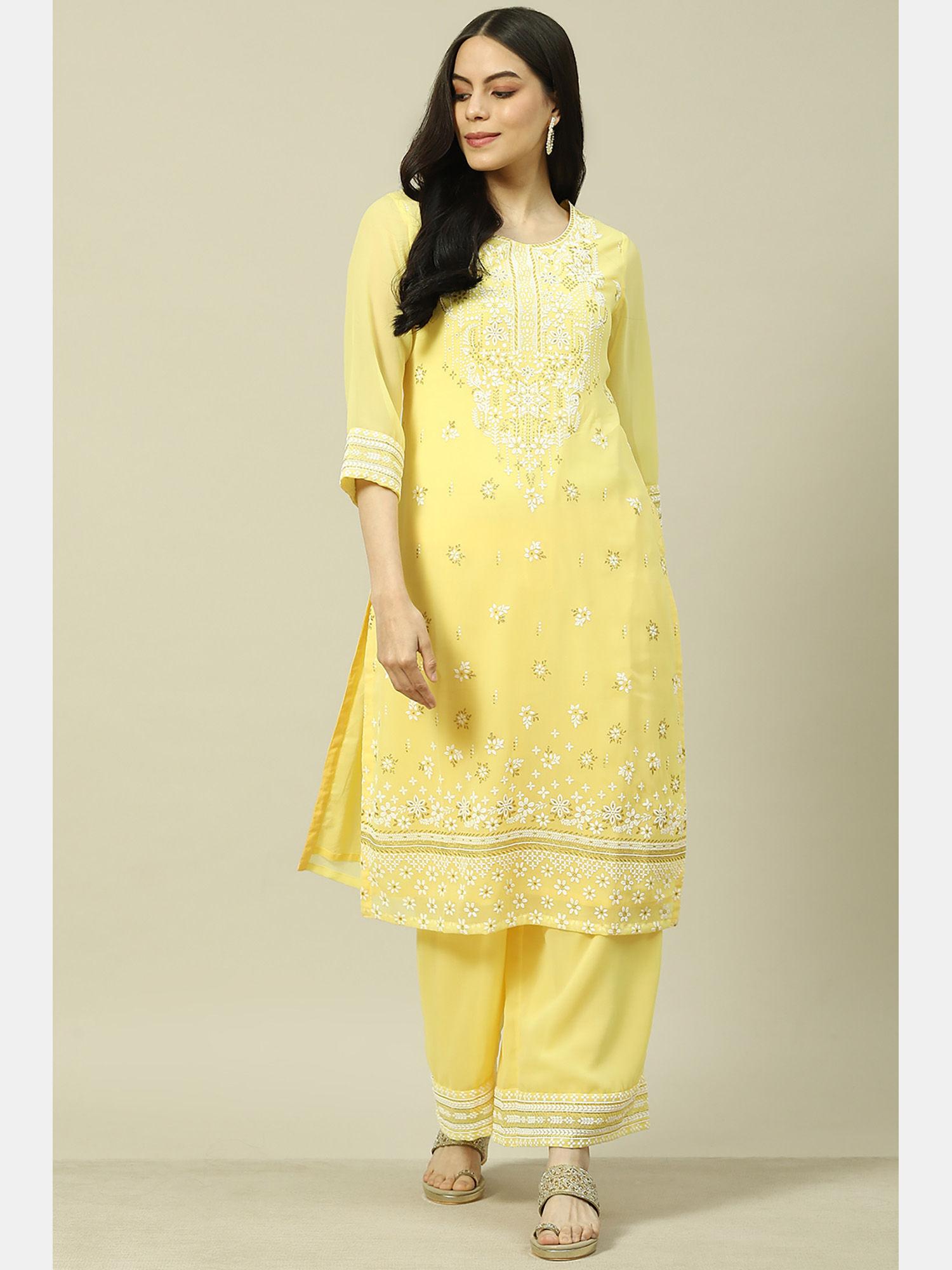 yellow cotton blend straight kurta