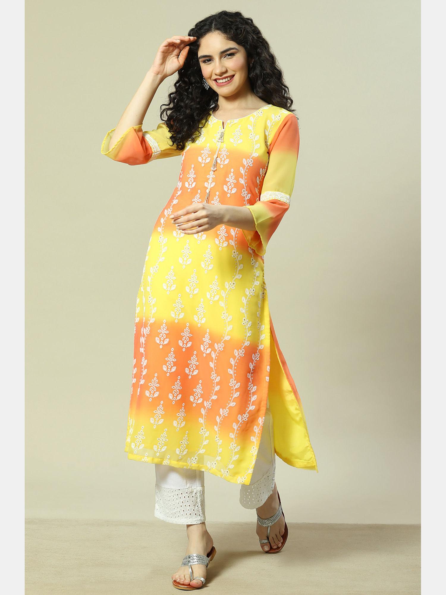 yellow cotton blend straight kurta