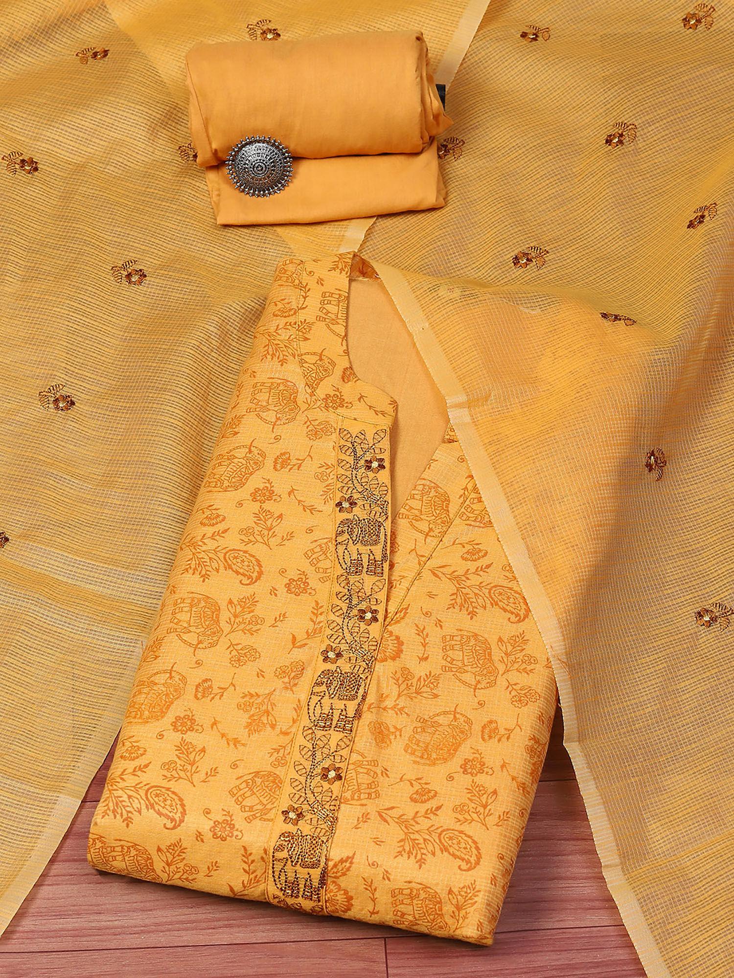 yellow cotton blend unstitched dress material