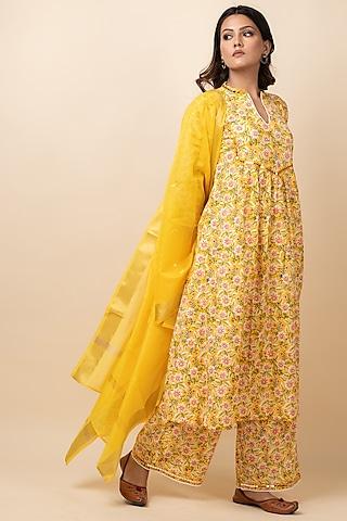 yellow cotton block printed & embroidered kurta set
