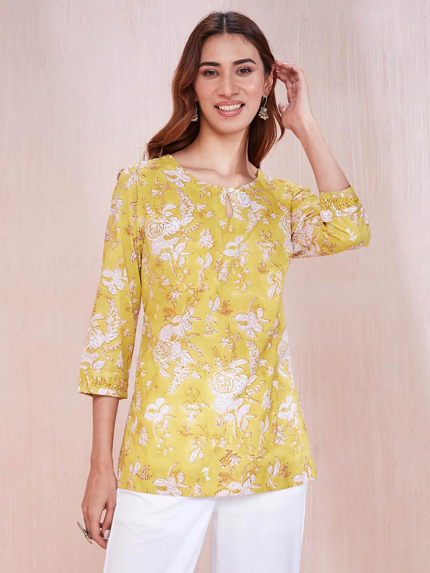 yellow cotton block printed slim fit tunic