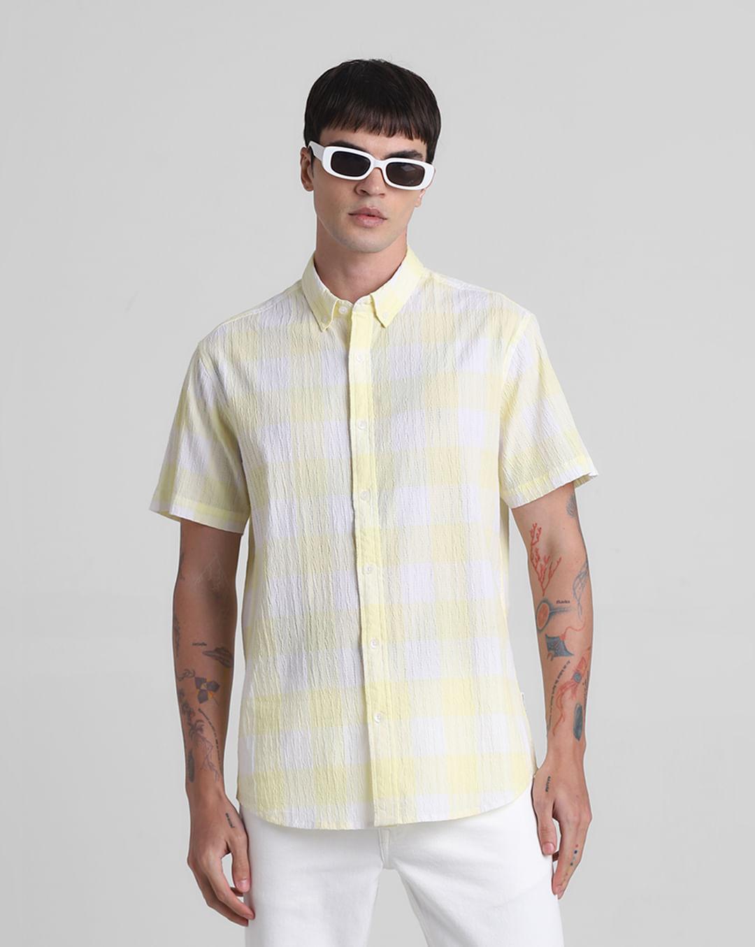 yellow cotton check short sleeves shirt