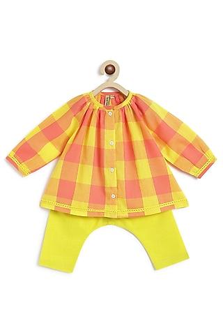 yellow cotton checkered printed co-ord set for girls