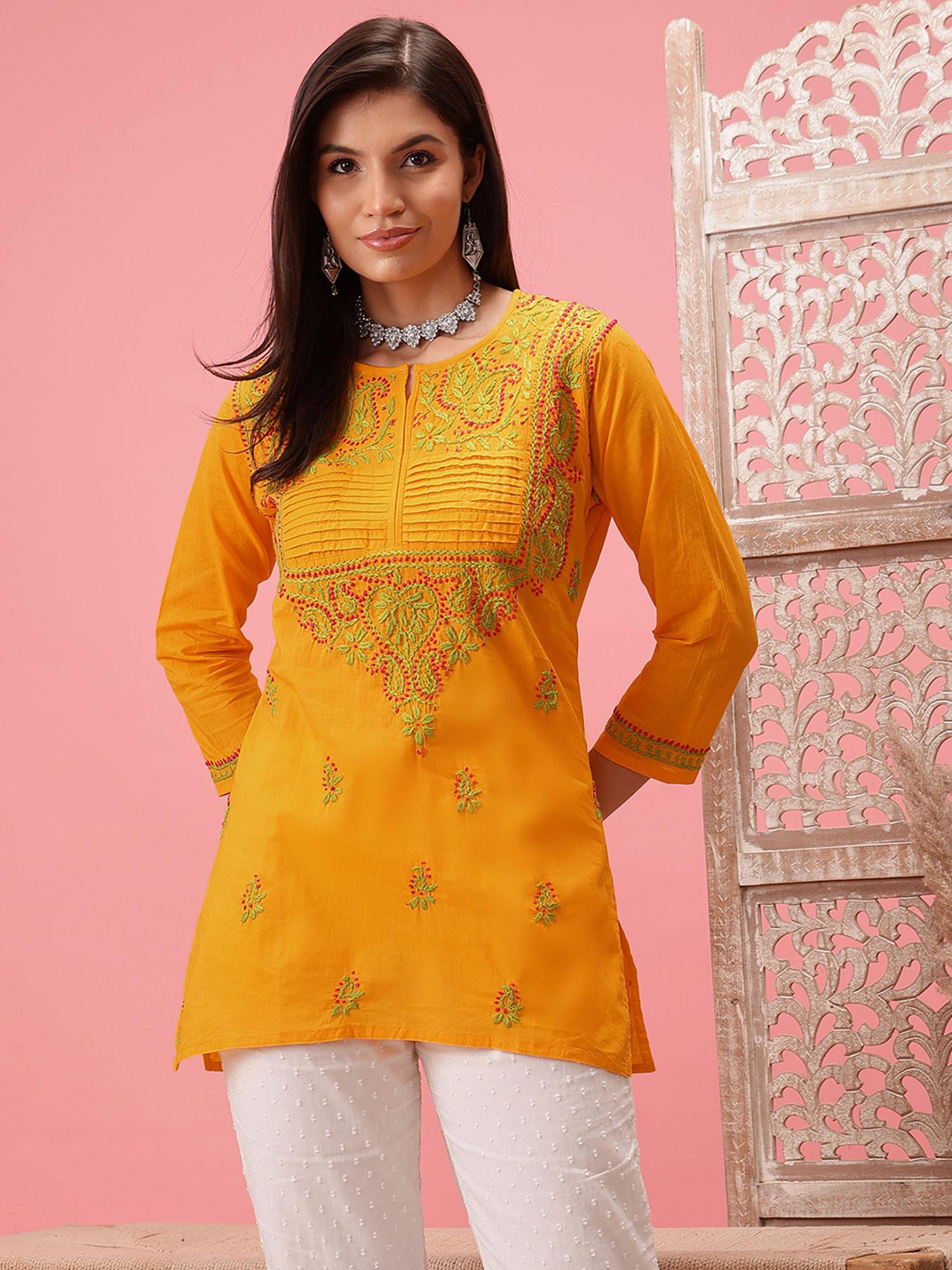 yellow cotton chikankari kurti (xs) (a226638)