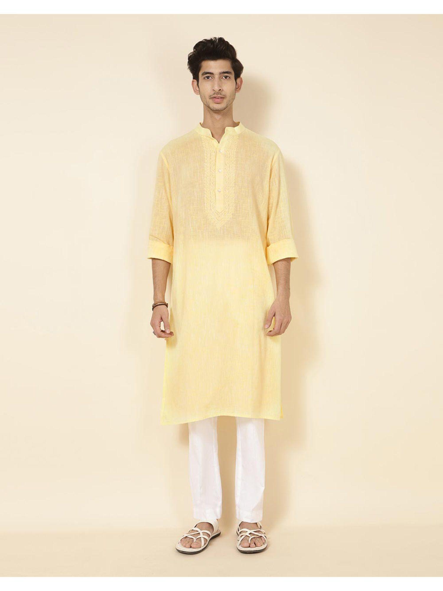 yellow cotton chikankari long kurta