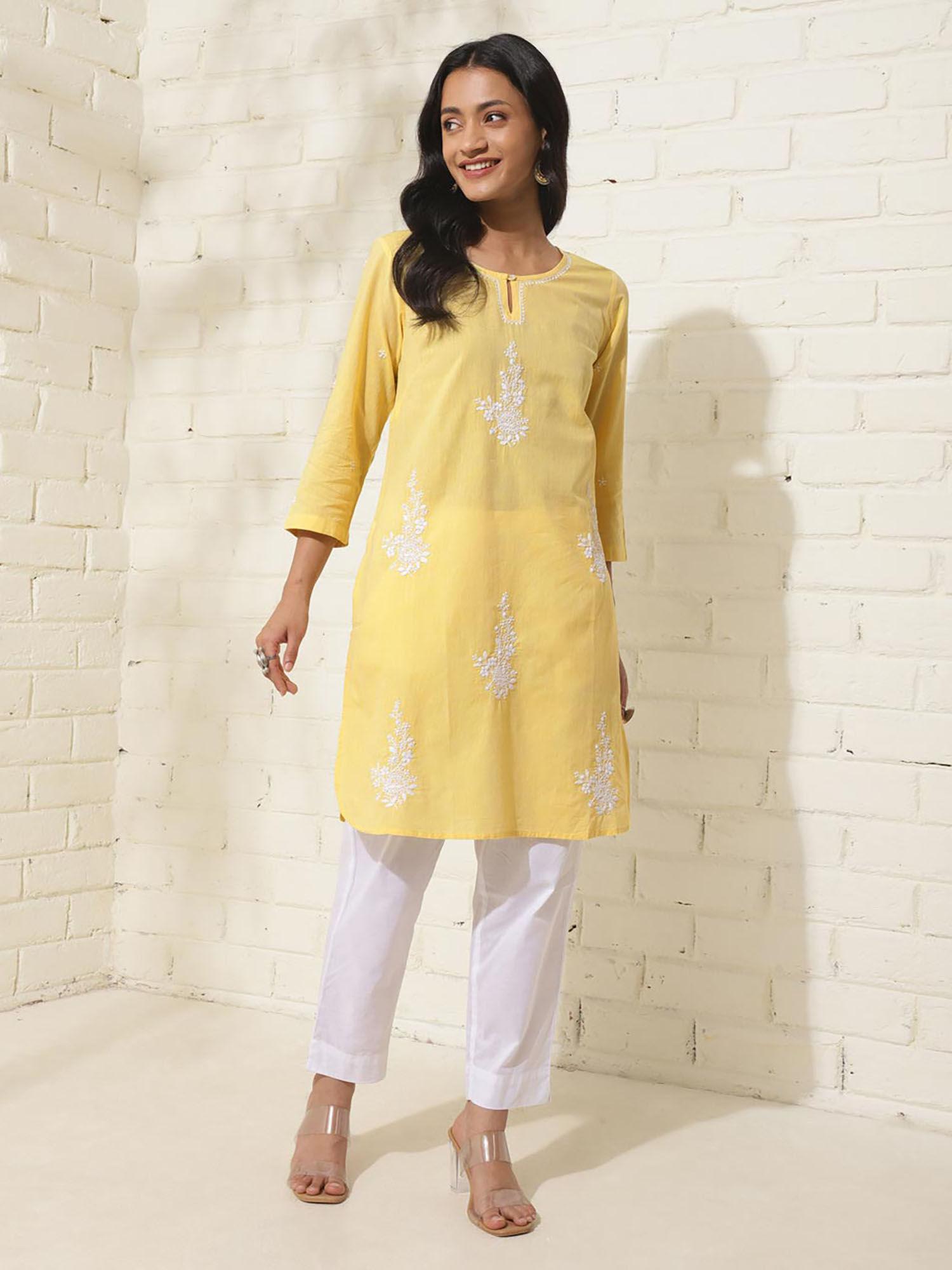 yellow cotton chikankari mid short kurta